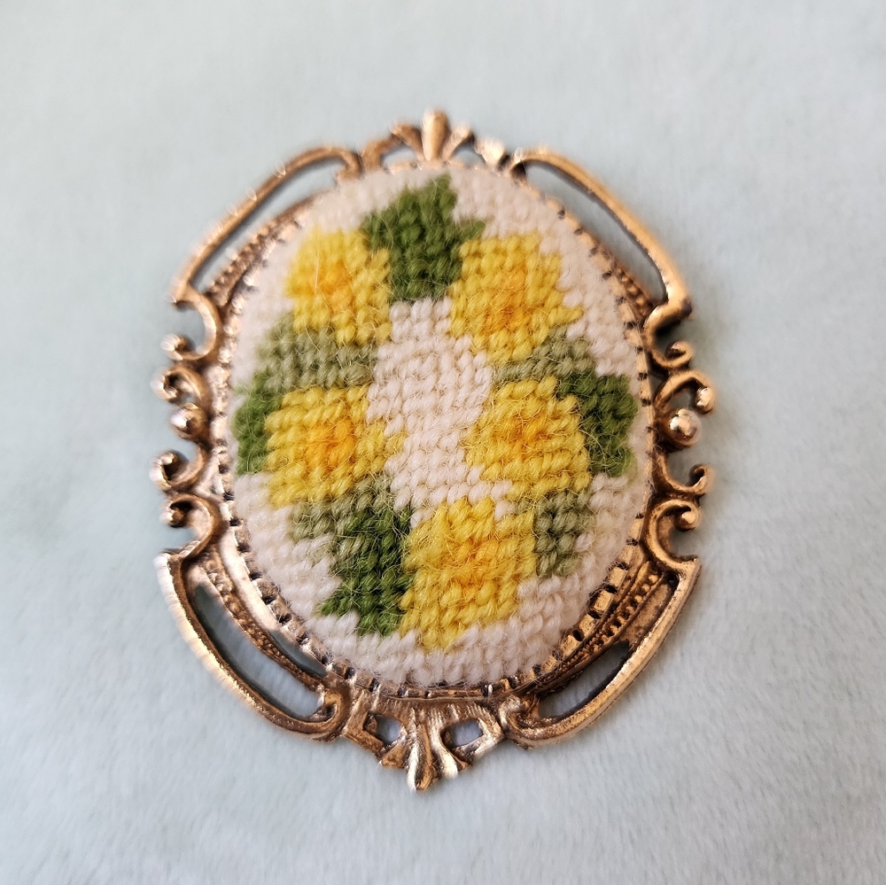 Vintage Needle Point Frame Brooch Yellow Floral Gold Antique Pin Embroidered